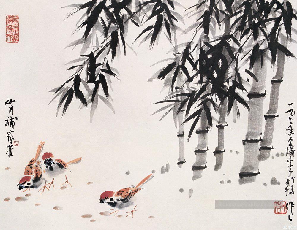 Poulet Wu zuoren sous bambou Art chinois traditionnel Peintures à l'huile